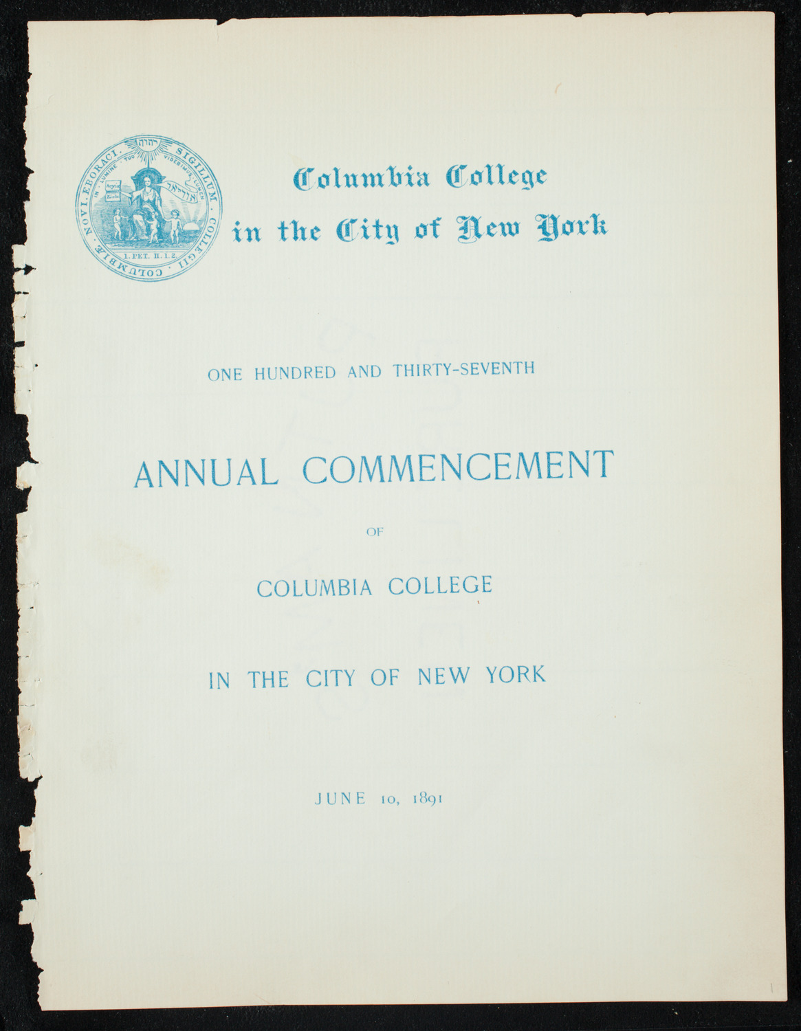 Graduation: Columbia College, June 10, 1891, program page 1