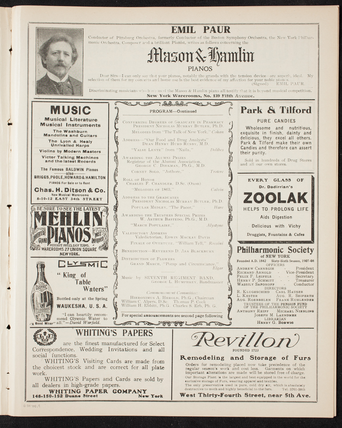 Graduation: Columbia University College of Pharmacy, April 30, 1908, program page 7