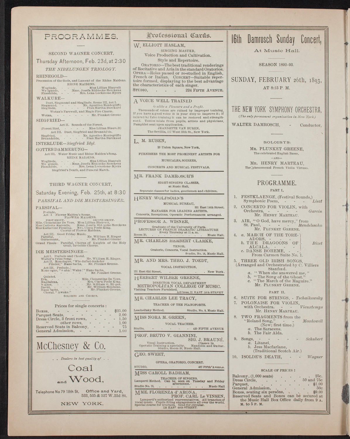 Grand Wagner Concert to Benefit the Orthopaedic Dispensary and Hospital, February 21, 1893, program page 2