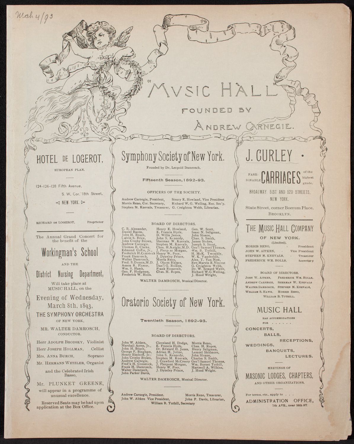 New York Philharmonic, March 4, 1893, program page 1