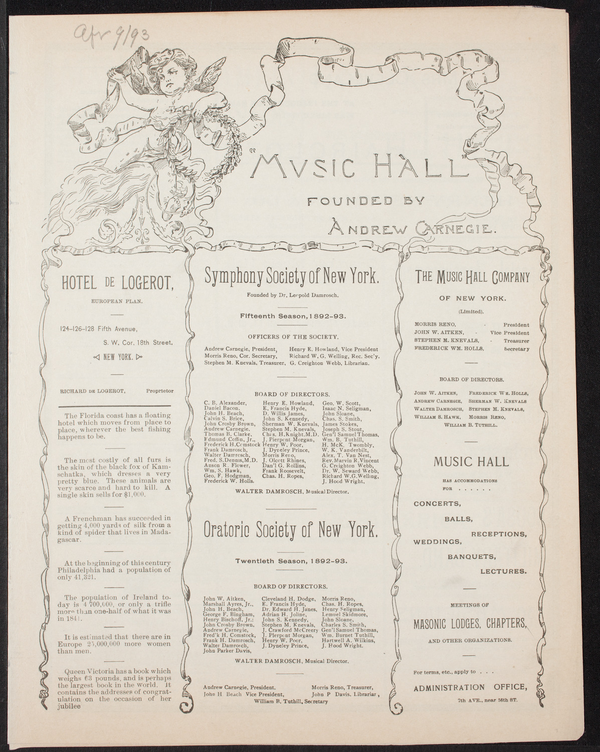 Damrosch Sunday Concert, April 9, 1893, program page 1