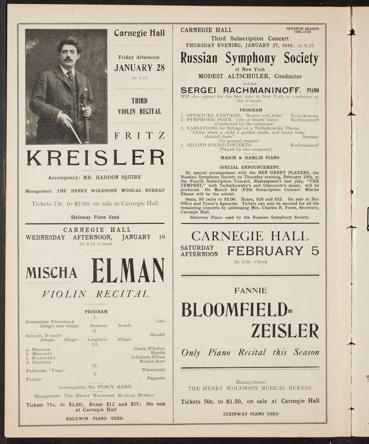 New York Philharmonic, January 16, 1910, program page 10