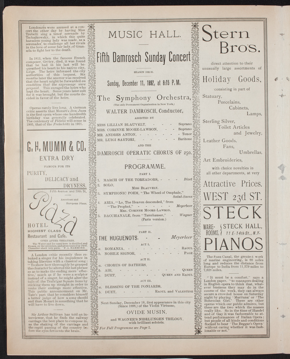 Damrosch Sunday Concert, December 11, 1892, program page 4