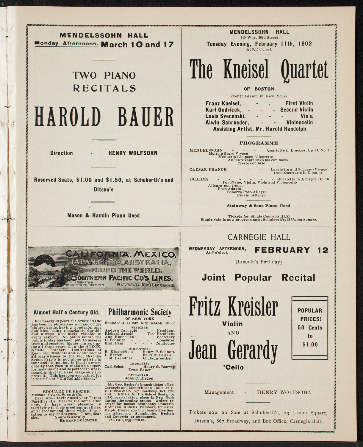 Lilli Lehmann, Johanna Gadski, Lillian Blauvelt, Sopranos, and Jan Kubelik, Violin, February 8, 1902, program page 5