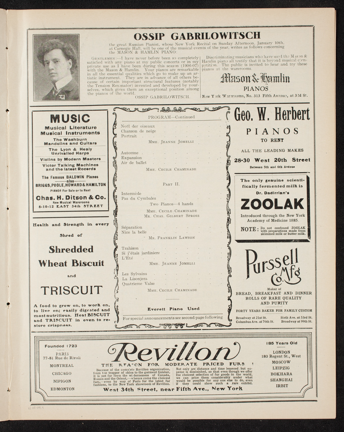 Cécile Chaminade, Composer and Pianist, December 15, 1908, program page 7