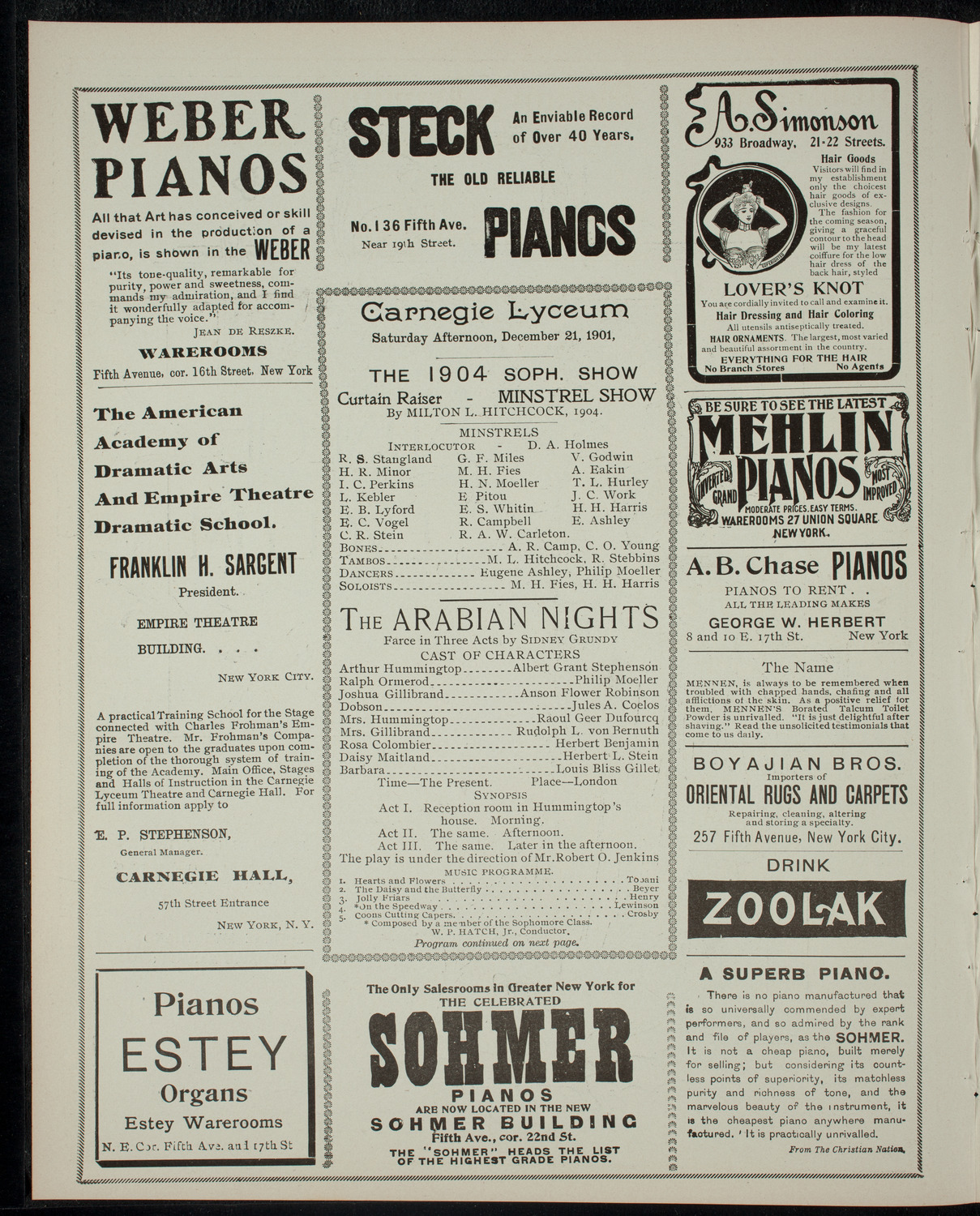 Columbia Sophomore Dramatic Association: The 1904 Sophomore Show, December 21, 1901, program page 2