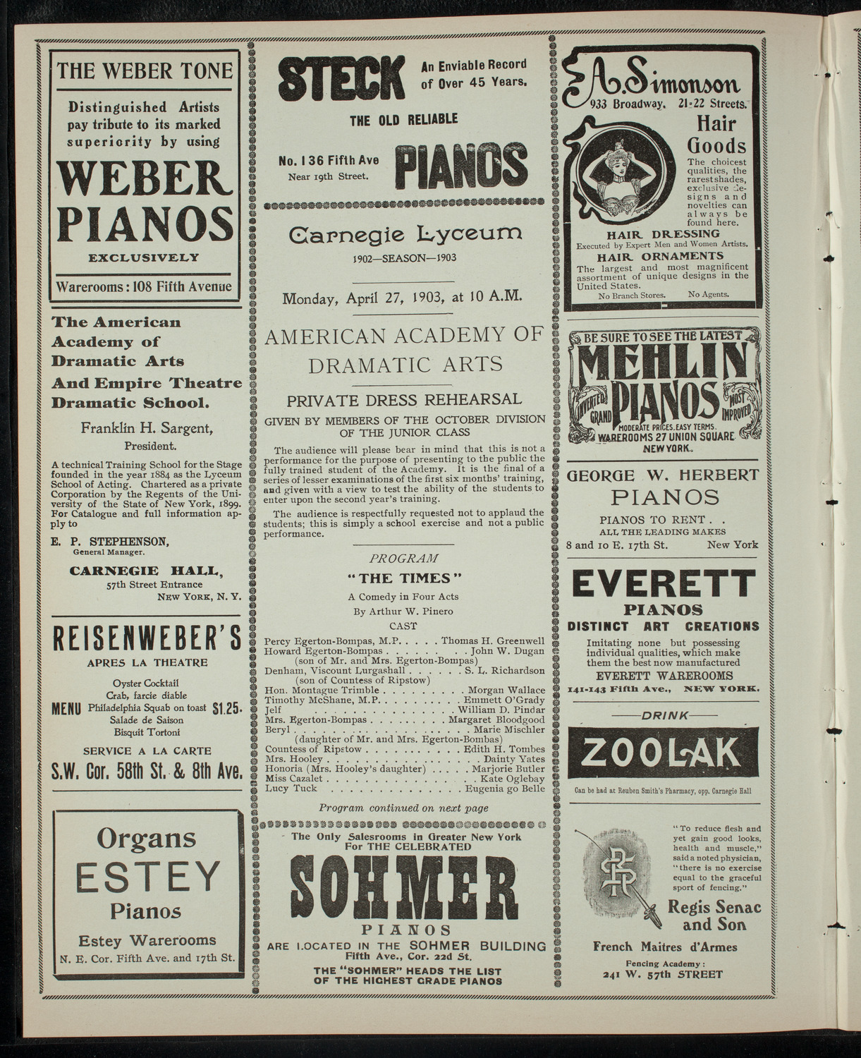 American Academy of Dramatic Arts, April 27, 1903, program page 2