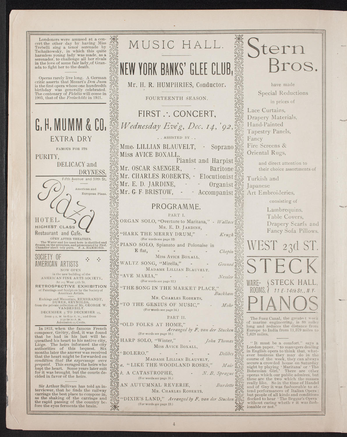 New York Banks' Glee Club, December 14, 1892, program page 4