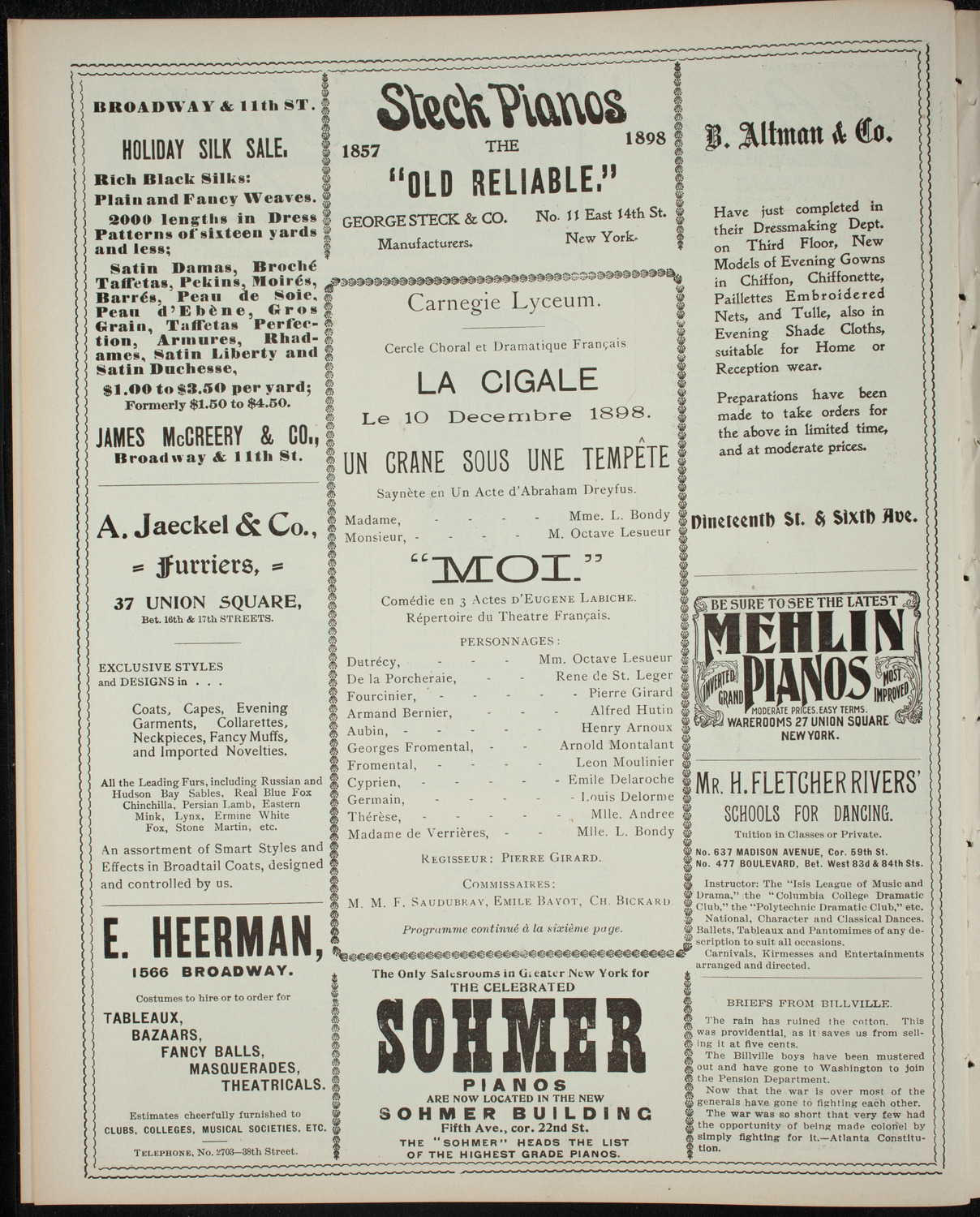 Cercle Choral et Dramatique Francais "La Cigale", December 10, 1898, program page 4