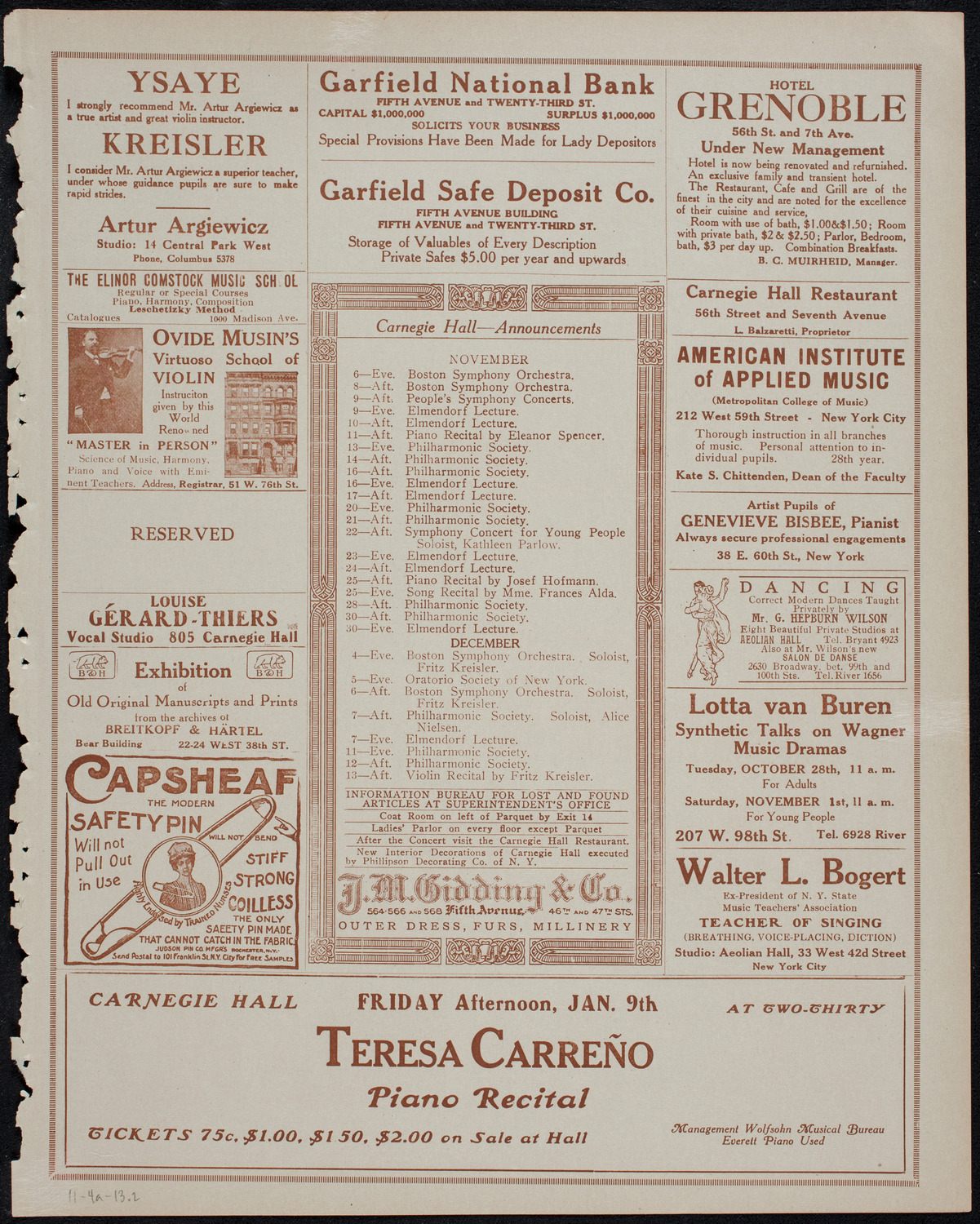 Teresa Carreño, Piano, November 4, 1913, program page 3