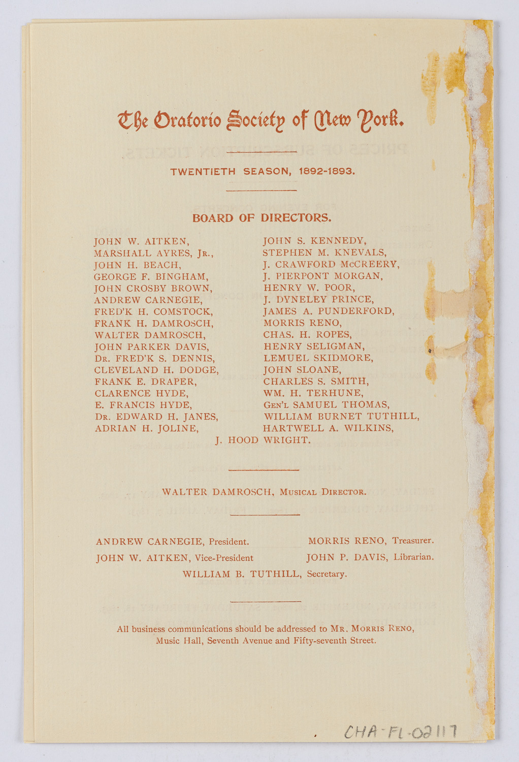 Oratorio Society of New York, 1892-1893