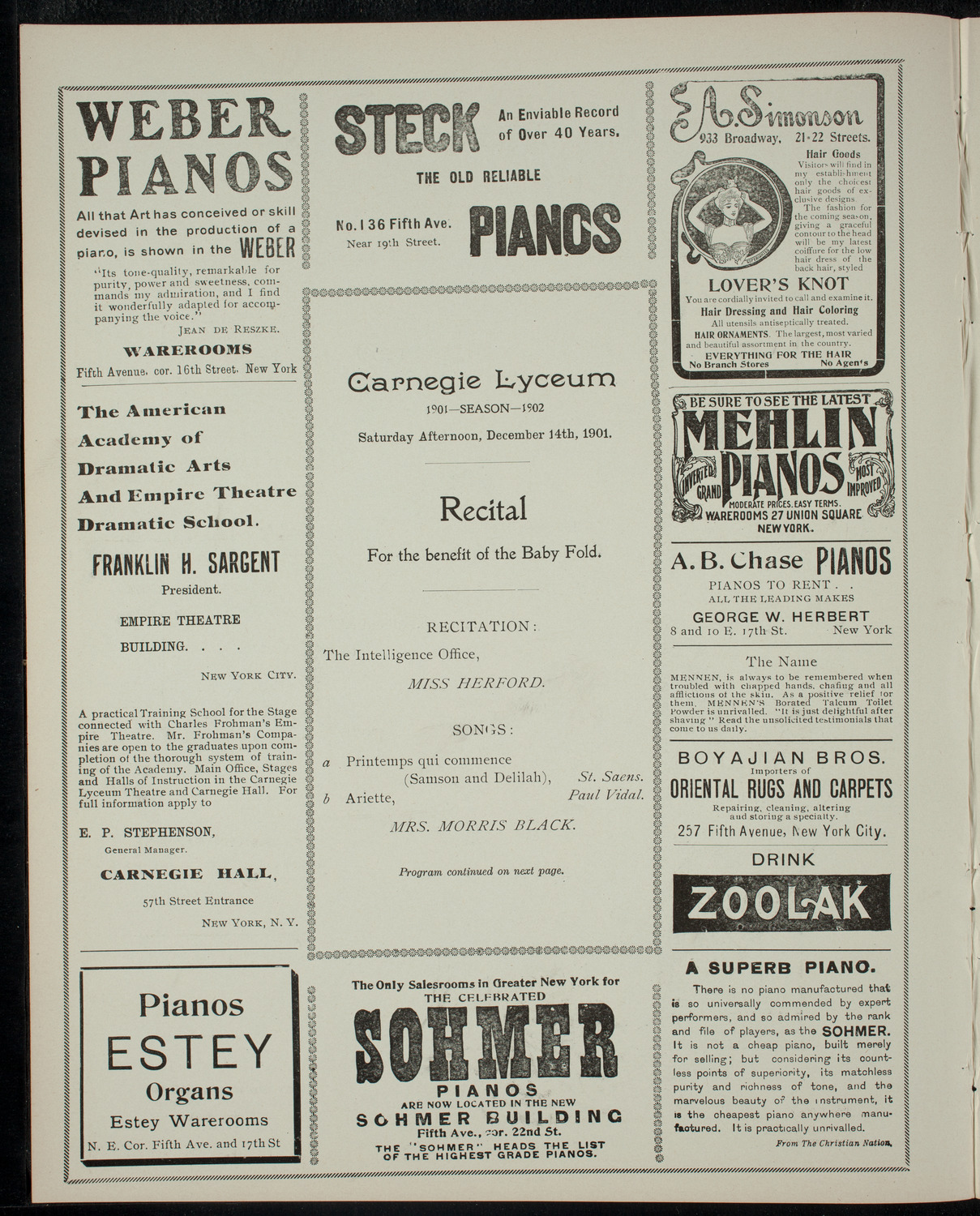 Recital for the Benefit of The Baby Fold, December 14, 1901, program page 2