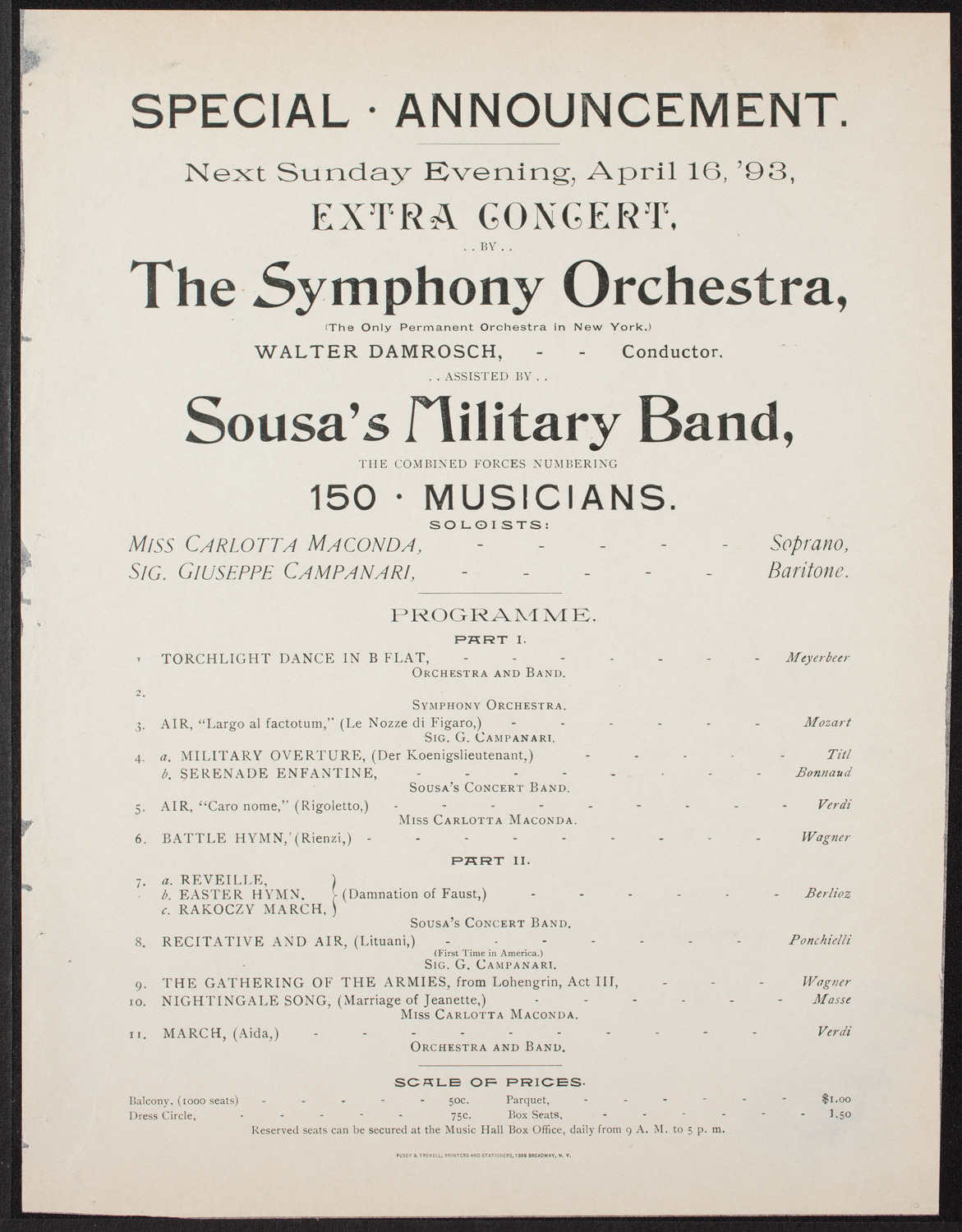 New York Symphony Orchestra/ Sousa's Military Band, April 16, 1893, program page 1