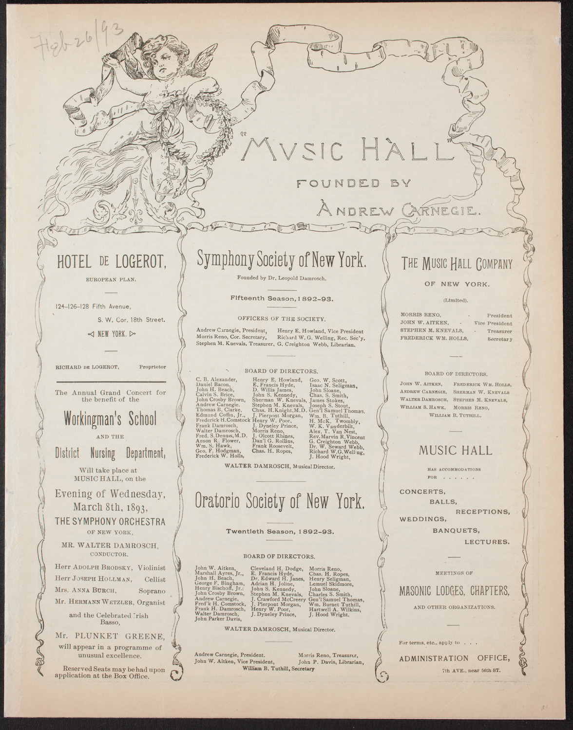 Damrosch Sunday Concert, February 26, 1893, program page 1