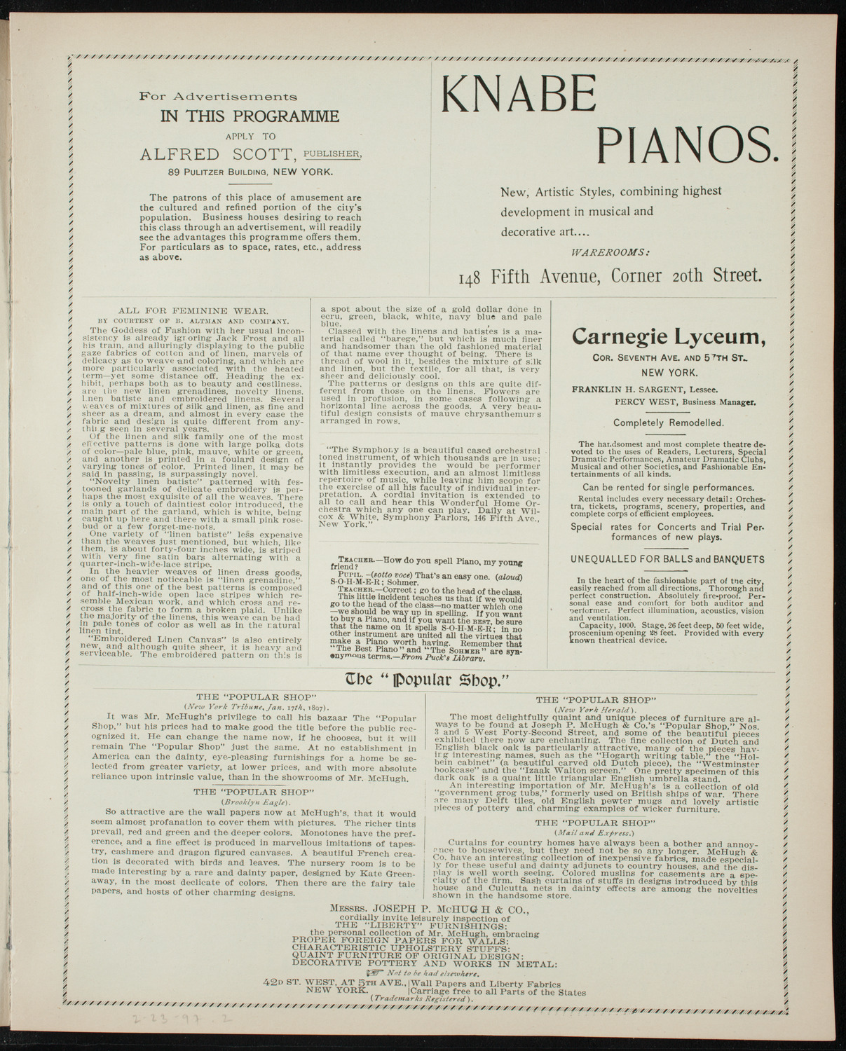 New York Banks' Glee Club, February 23, 1897, program page 3
