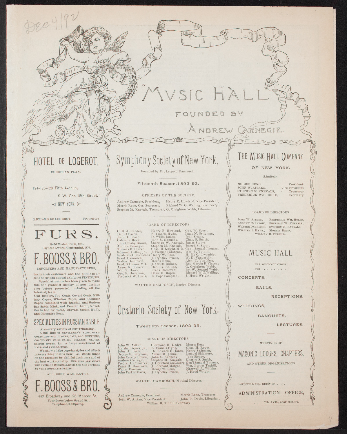 Damrosch Sunday Concert, December 4, 1892, program page 1