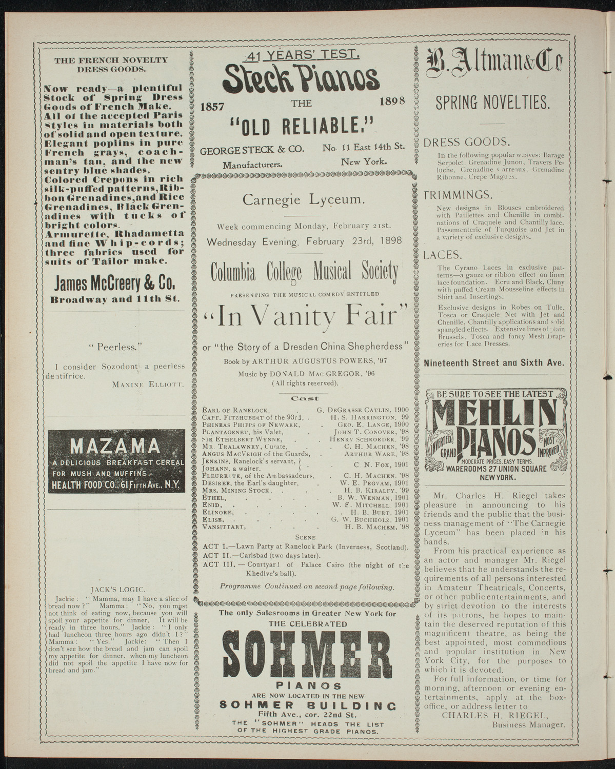 Columbia College Musical Society, February 23, 1898, program page 4