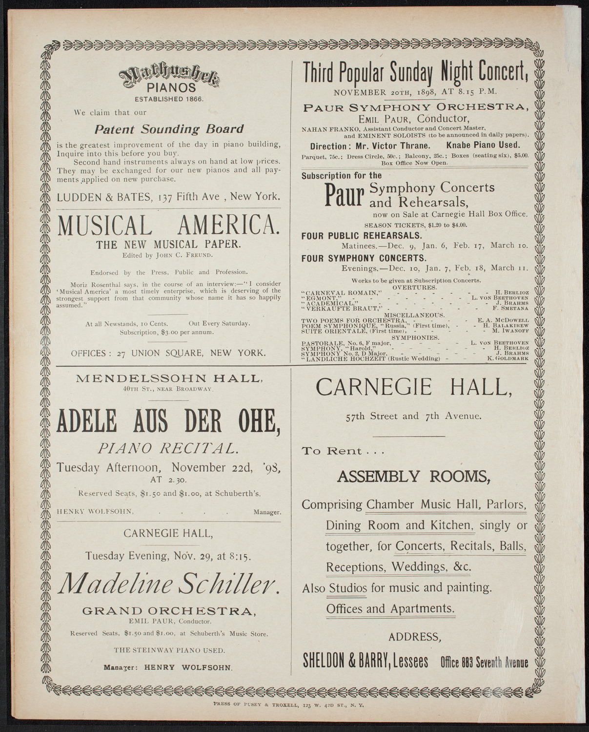 Moriz Rosenthal, Piano, November 19, 1898, program page 8