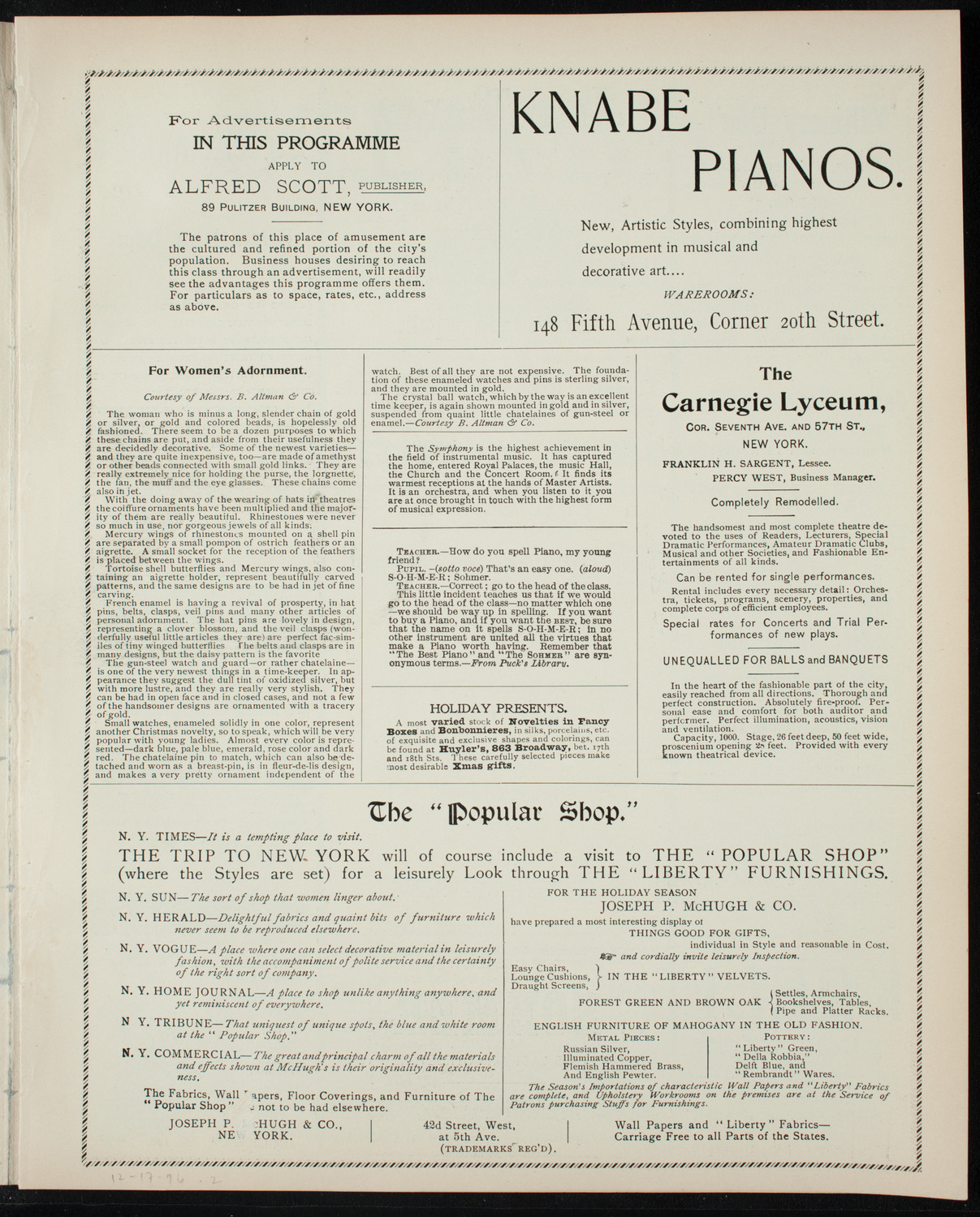 Musical Art Society of New York, December 17, 1896, program page 3