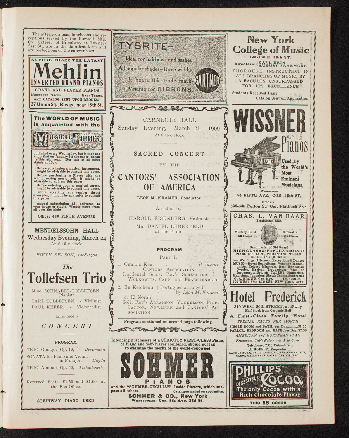 Cantors' Association of America, March 21, 1909, program page 5