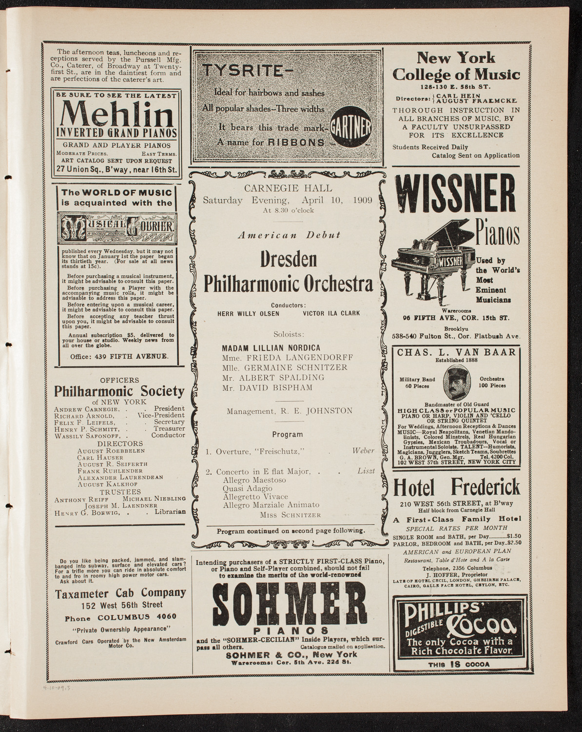 Dresden Philharmonic Orchestra, April 10, 1909, program page 5