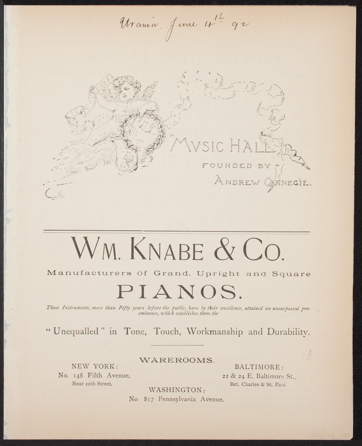 Urania Scientific Theatre, June 4, 1892, program page 1