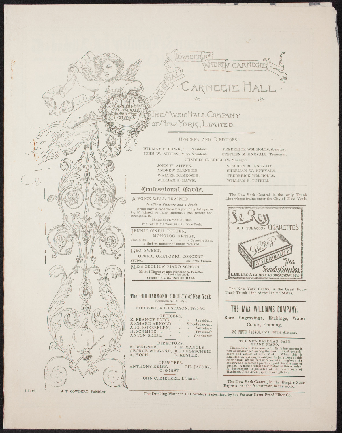 New York Philharmonic, January 11, 1896, program page 1