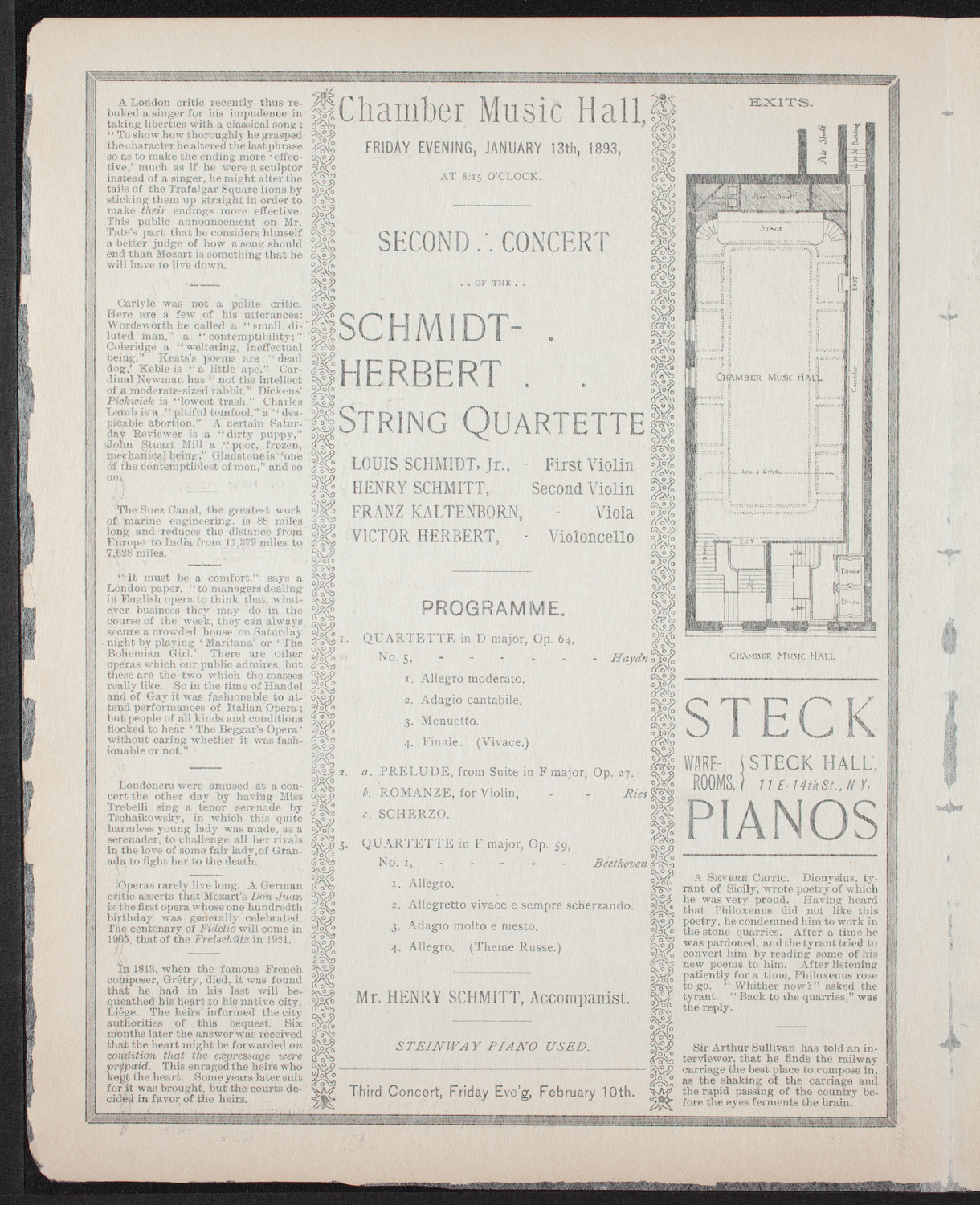 Schimidt-Herbert String Quartet, January 13, 1893, program page 2