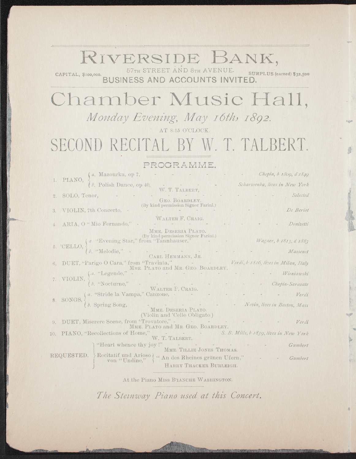 W. T. Talbert, Piano, May 16, 1892, program page 2