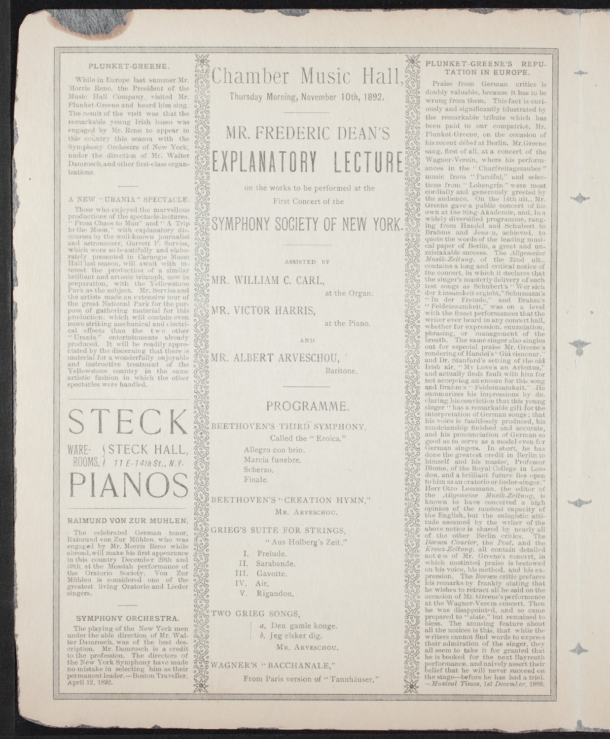 Frederic Dean Explanatory Lecture, November 10, 1892, program page 2