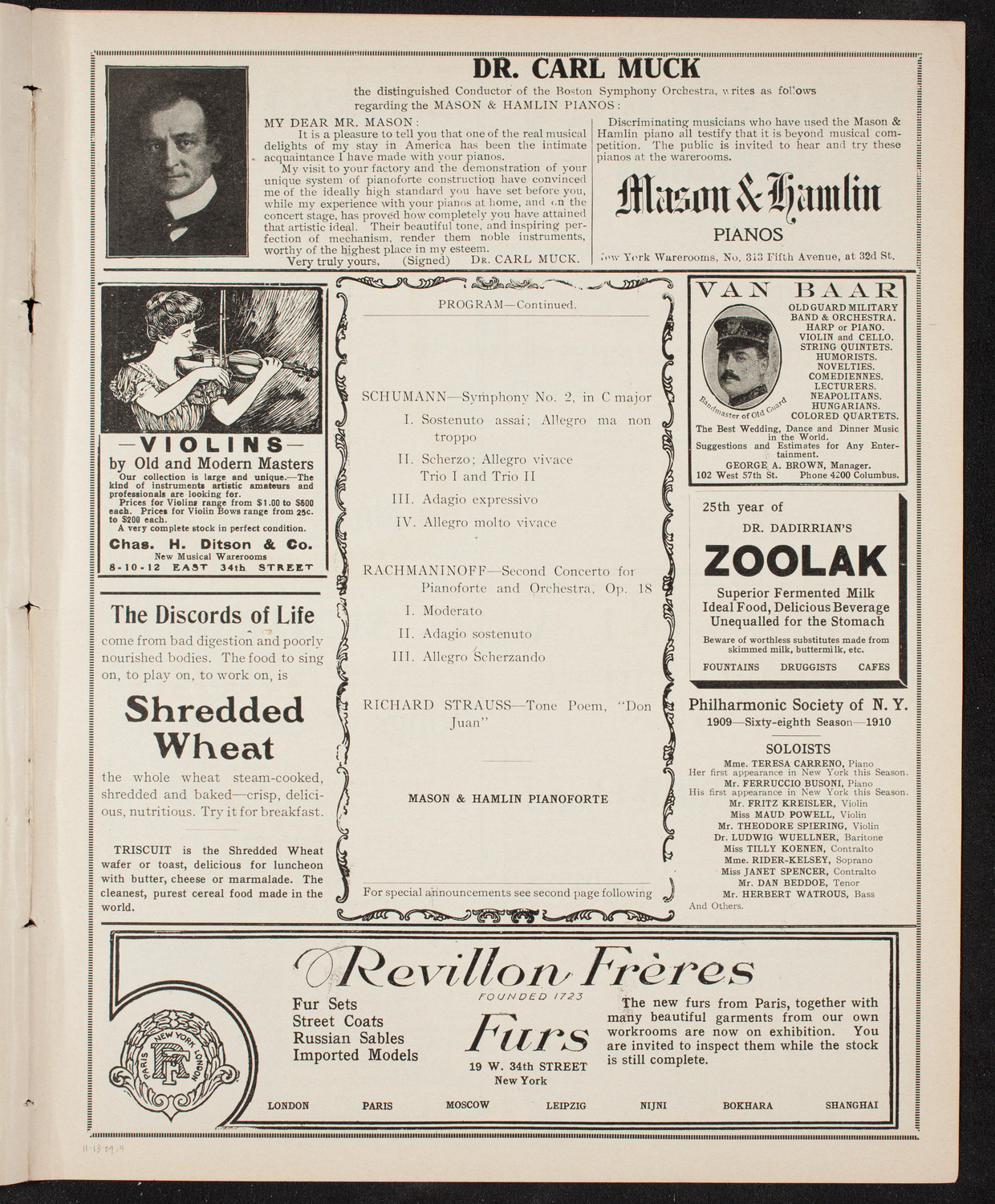 Boston Symphony Orchestra, November 13, 1909, program page 7