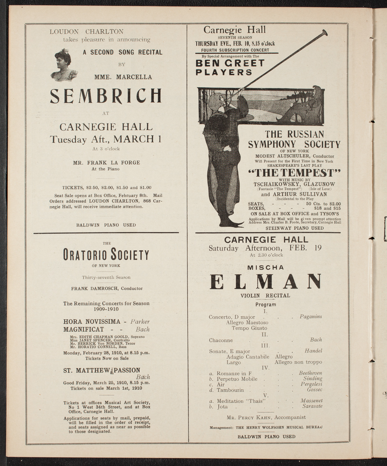 Ferruccio Busoni, Piano, February 9, 1910, program page 10