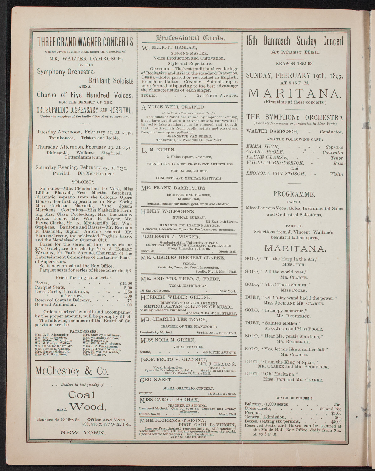 Benefit: World's Fair Colored Opera Company, February 13, 1893, program page 2