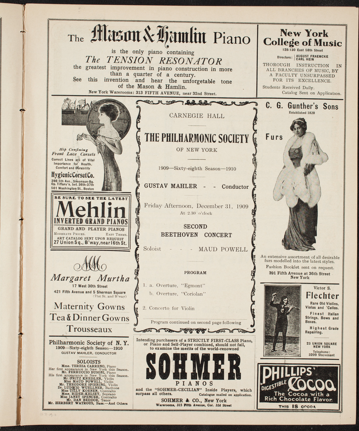 New York Philharmonic, December 31, 1909, program page 5