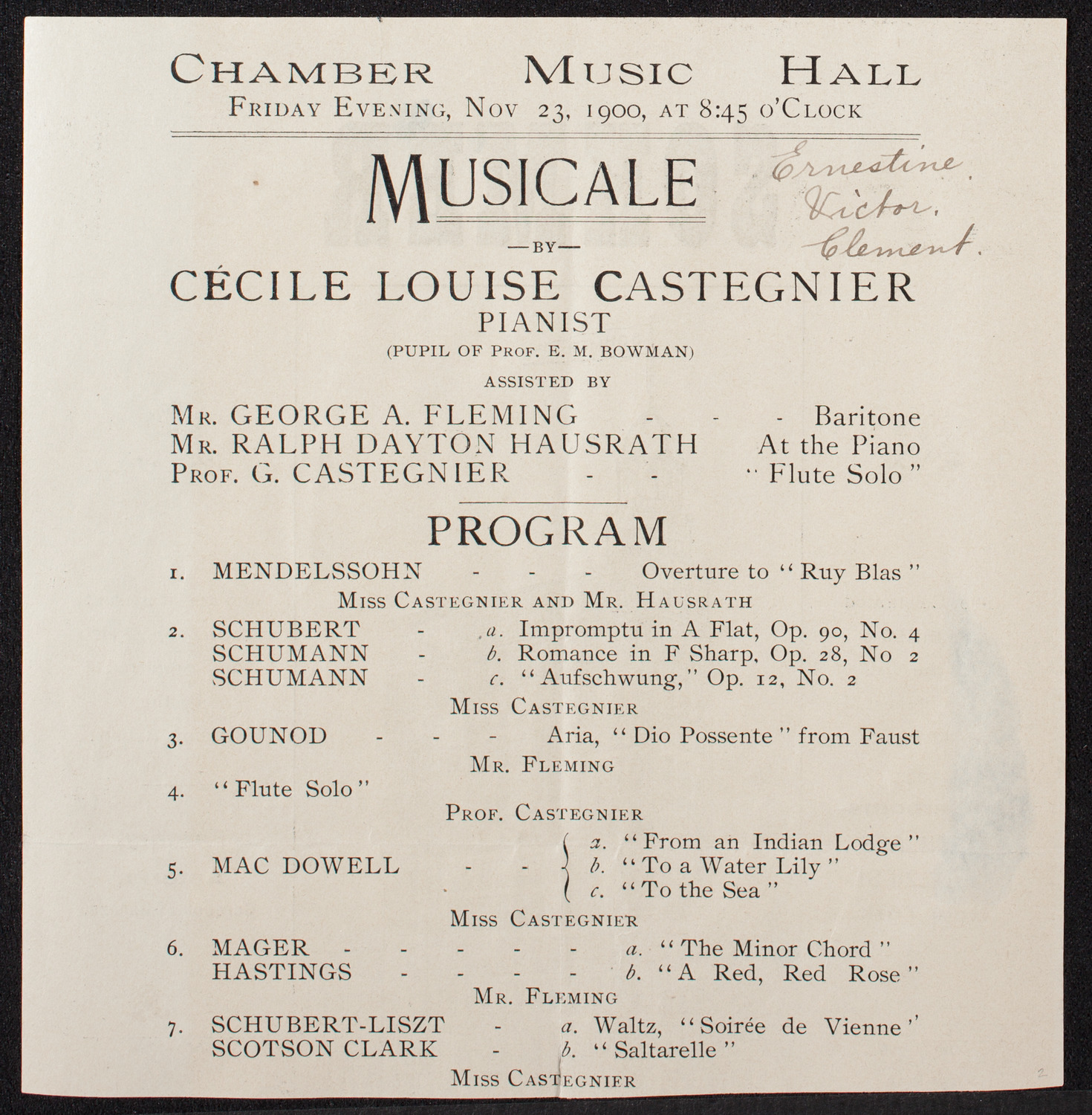 Cecile Louise Castegnier, November 23, 1900, program page 1