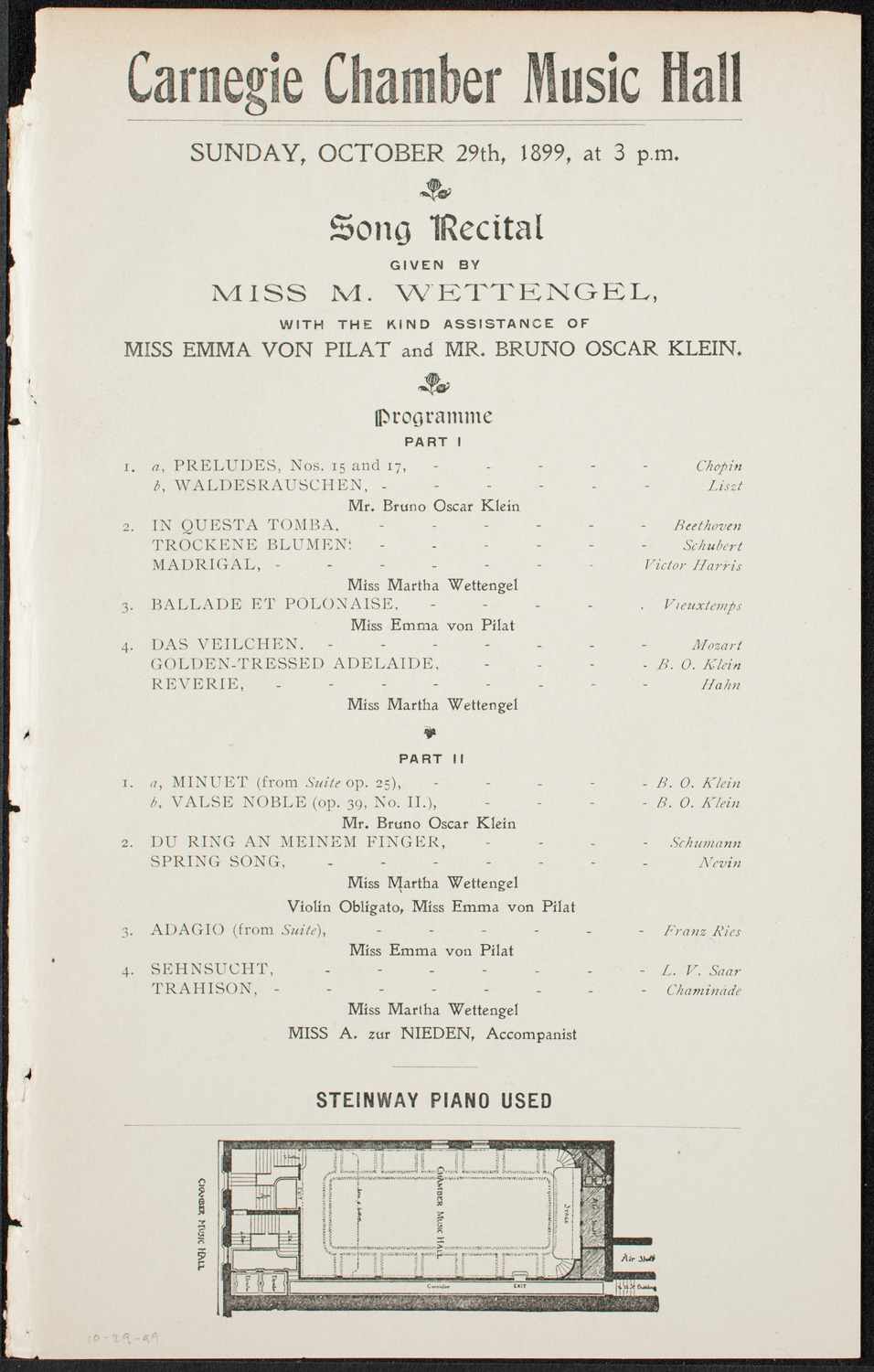 Martha Wettengel with Emma von Pilat and Bruno Oscar Klein, October 29, 1899, program page 1