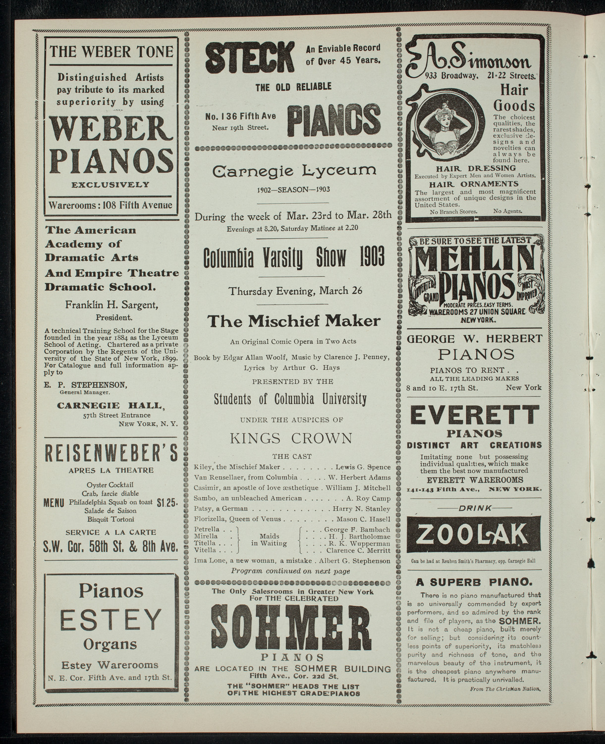 Columbia Varsity Show 1903, March 26, 1903, program page 2