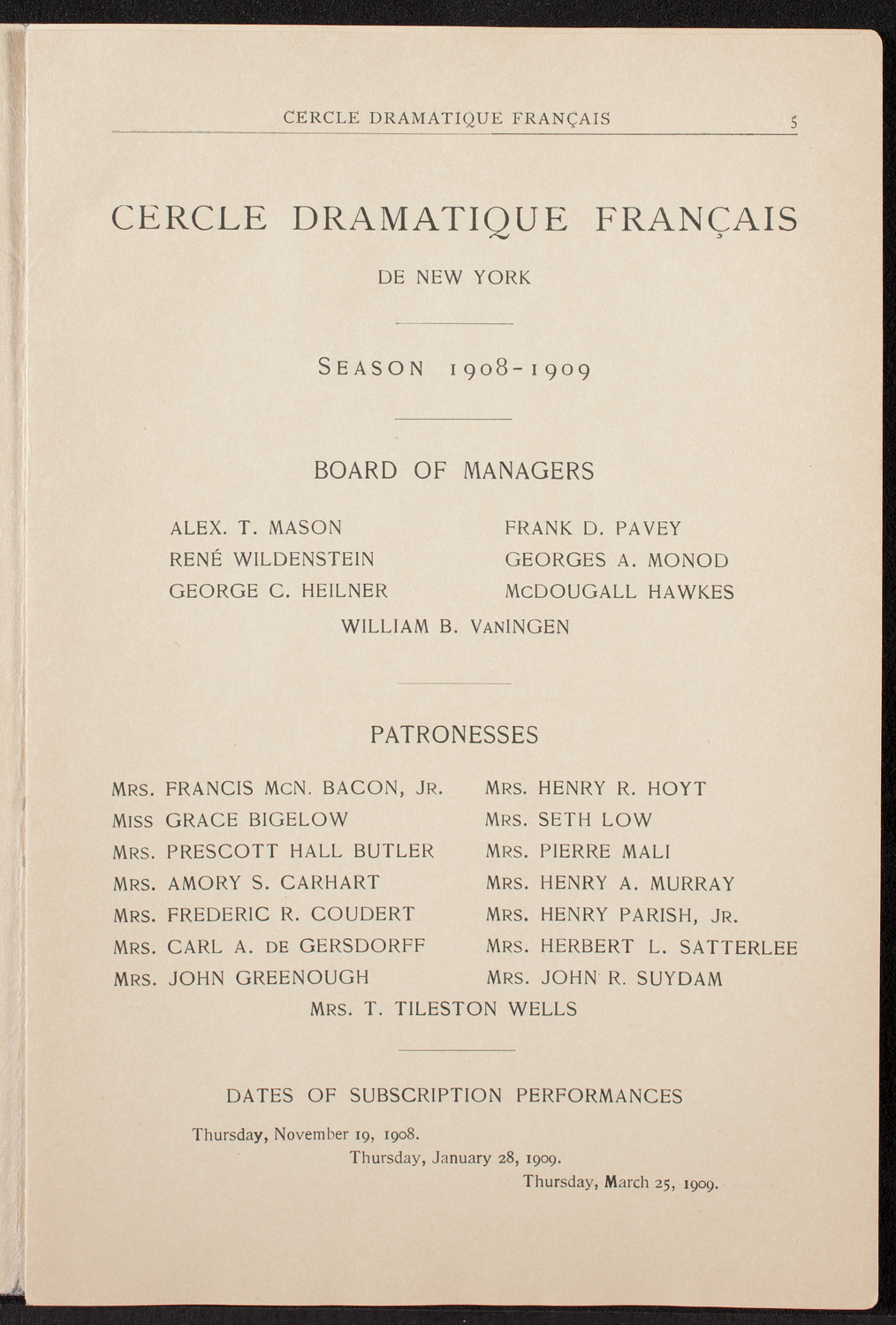 Cercle Dramatique de l'Alliance Française de New York, January 29, 1909, program page 5