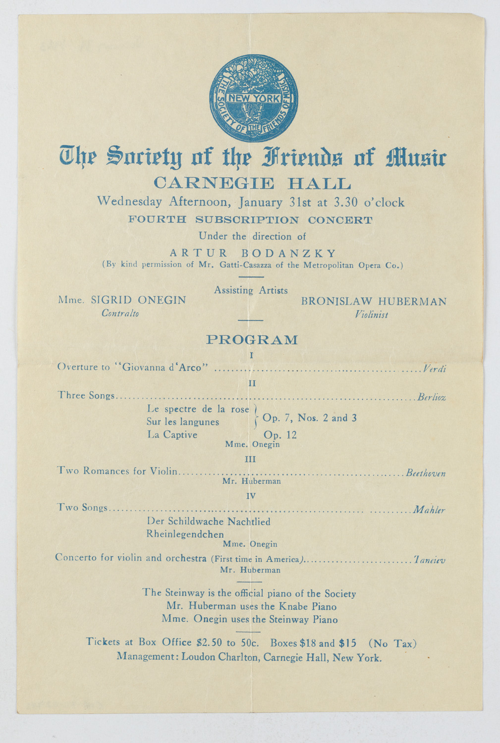 Society of the Friends of Music, January 31, 1923