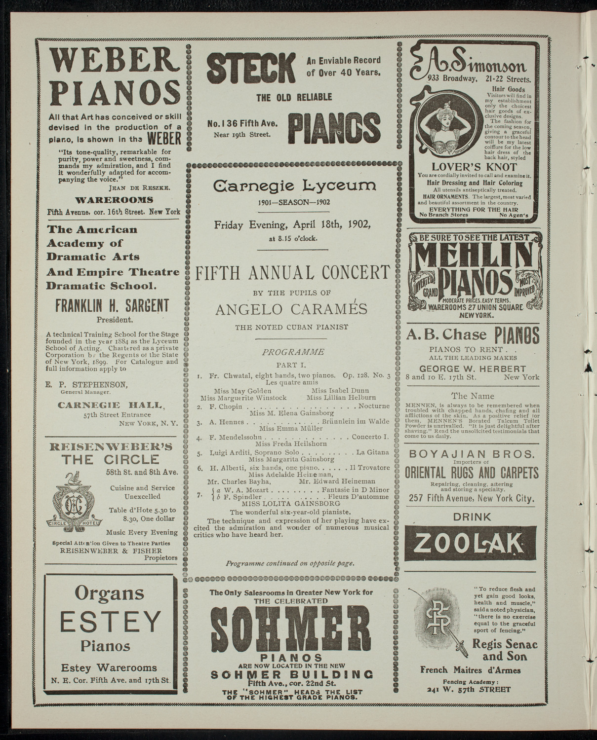 Fifth Annual Concert by the Pupils of Angelo Caramés, April 18, 1902, program page 2