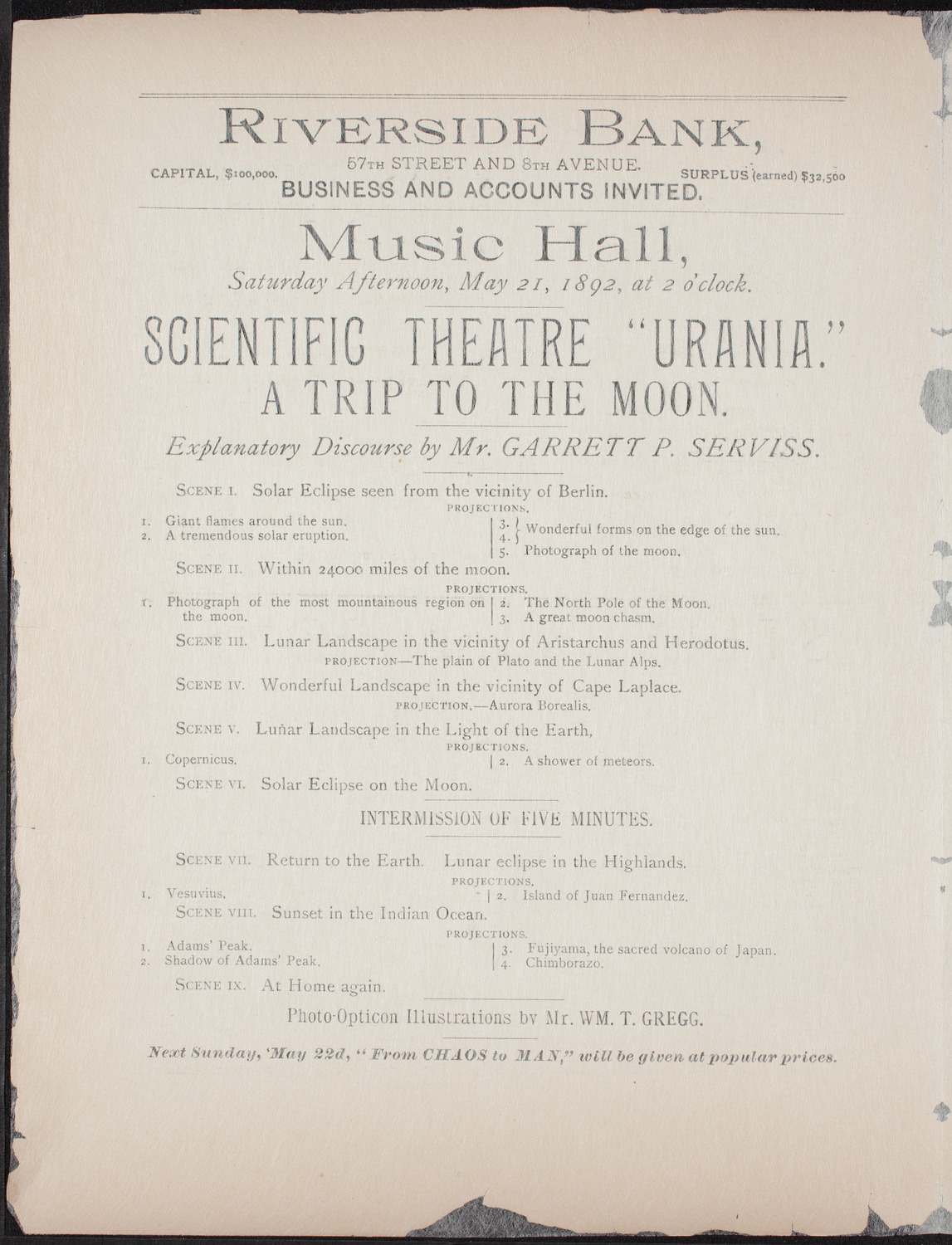 Urania Scientific Theatre, May 21, 1892, program page 2