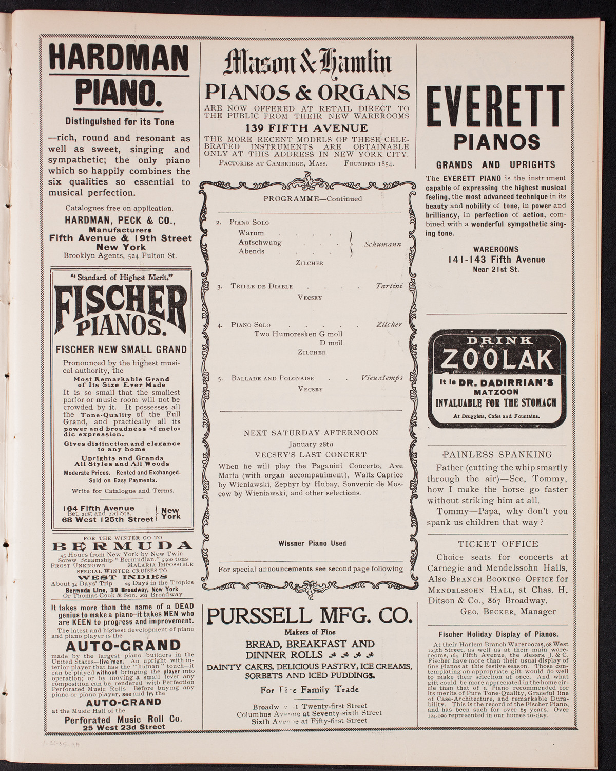 Franz von Vecsey, Violin, January 21, 1905, program page 7