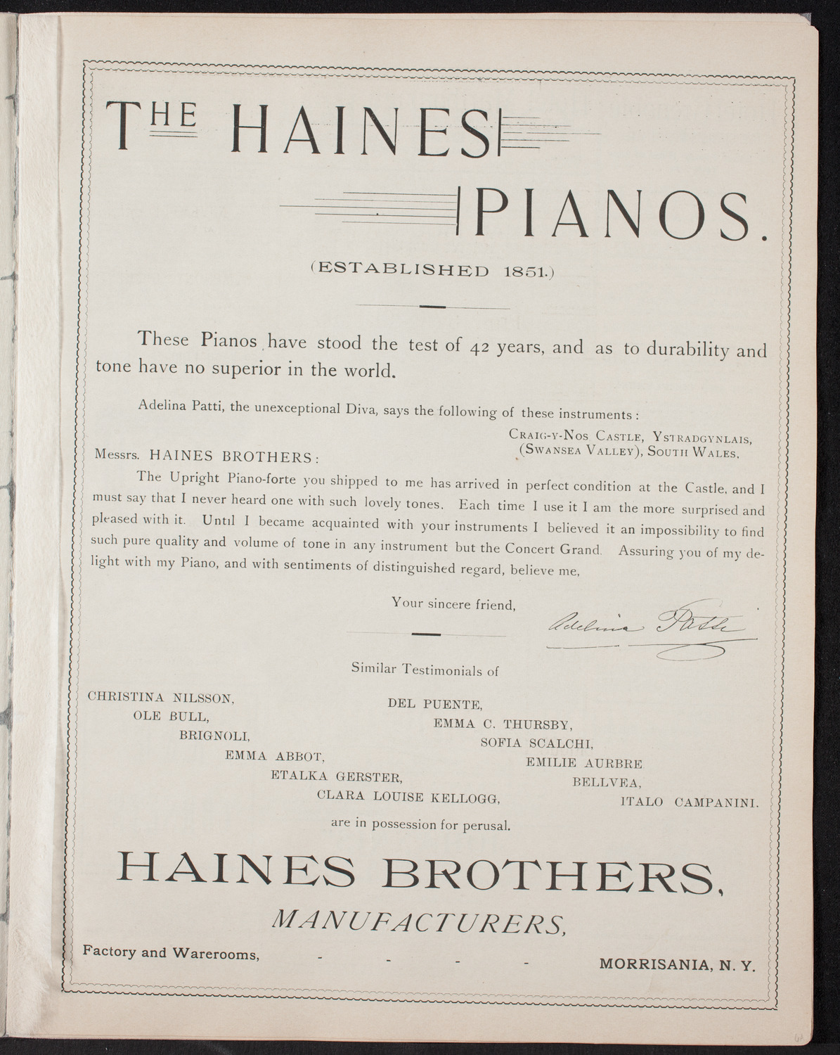 Adelina Patti with Orchestra, November 18, 1893, program page 3