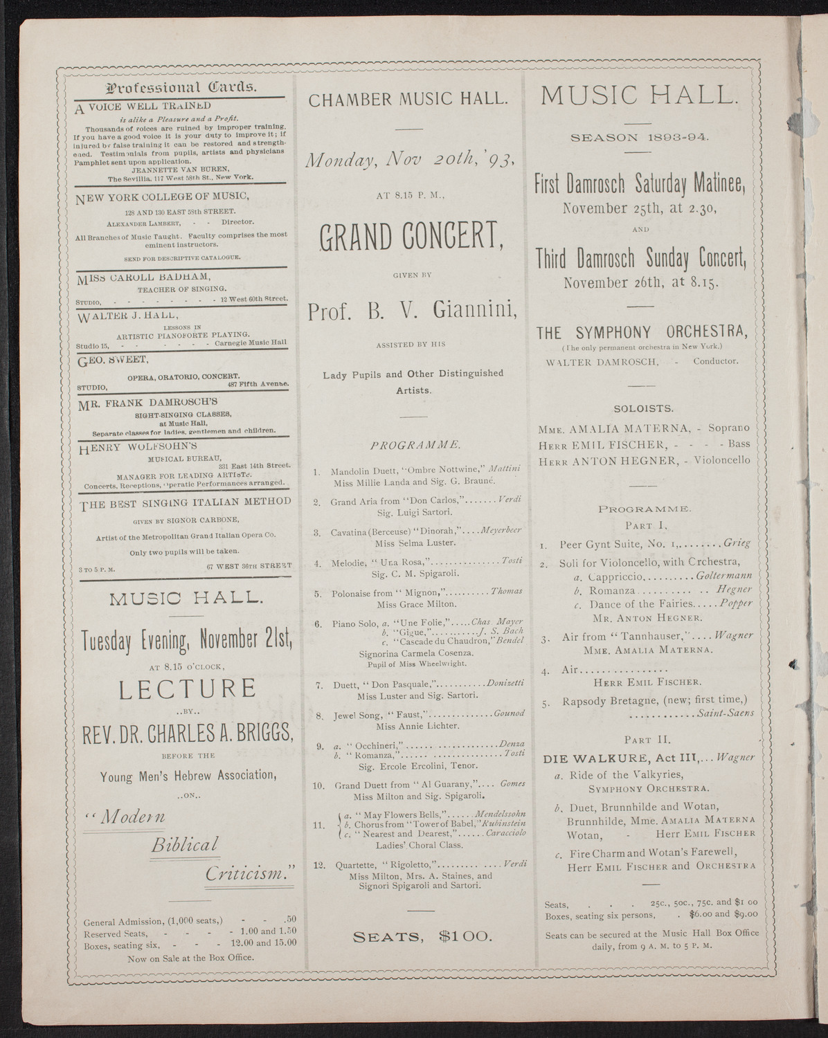 Damrosch Sunday Concert, November 19, 1893, program page 2