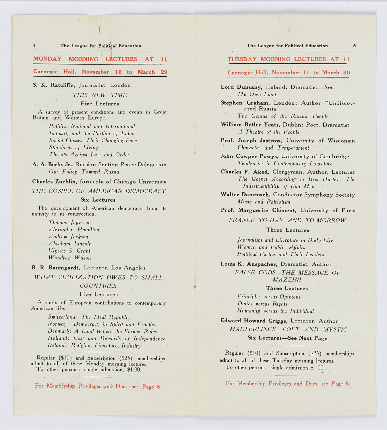 The League for Political Education, Program of Lectures, December 5, 1919