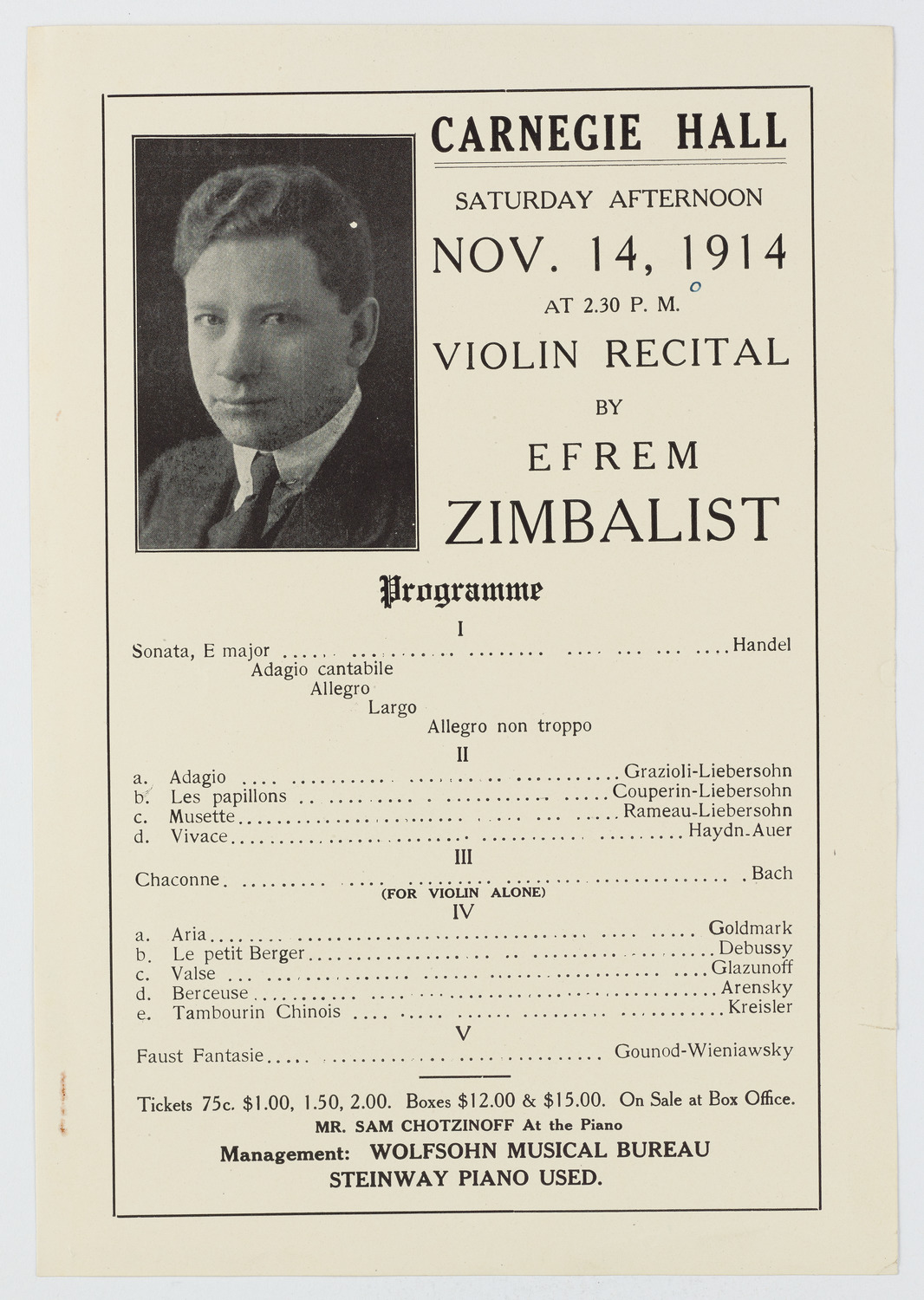 Efrem Zimbalist, November 14, 1914