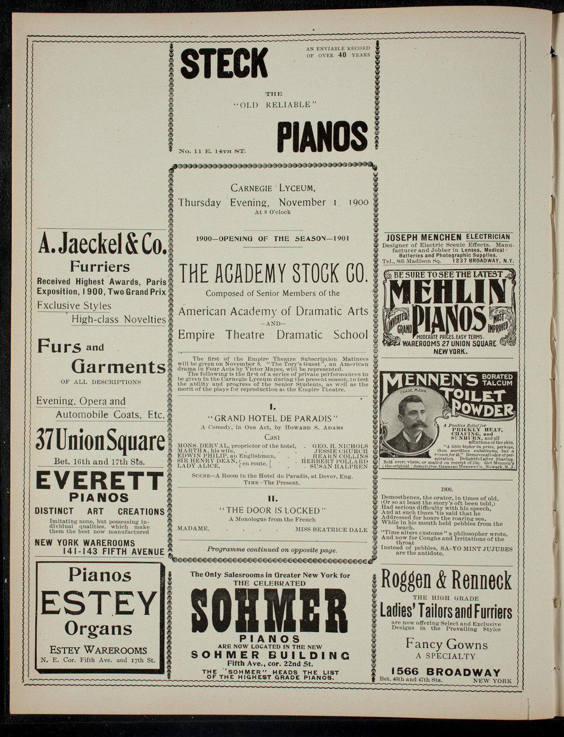 Academy Stock Company of the American Academy of Dramatic Arts and Empire Theatre Dramatic School, November 1, 1900, program page 2