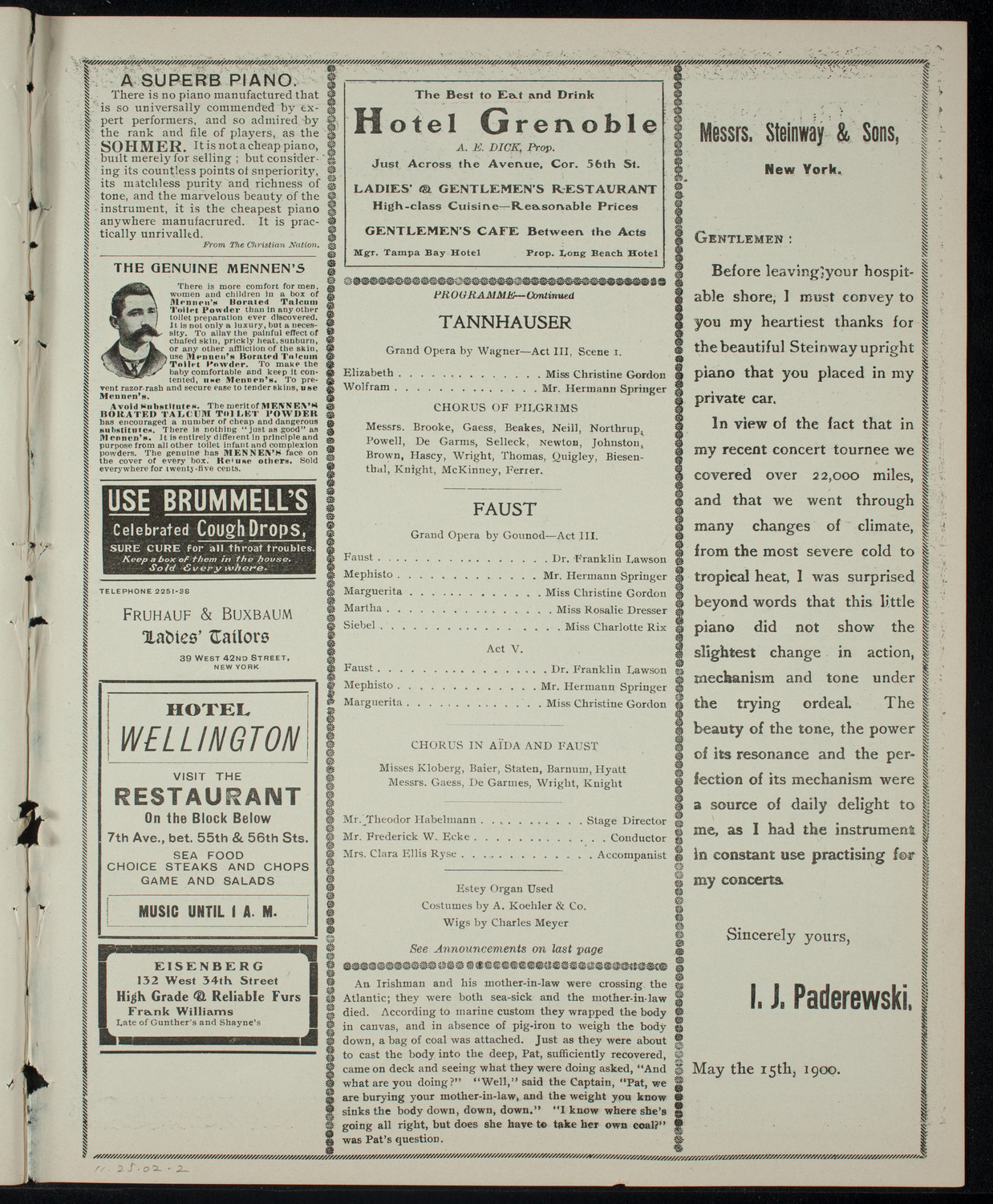Grand Opera Performance, November 25, 1902, program page 3