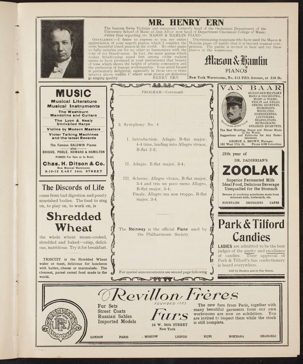 New York Philharmonic, December 31, 1909, program page 7
