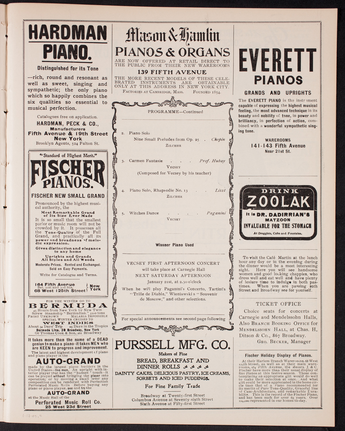 Franz von Vecsey, Violin, January 17, 1905, program page 7
